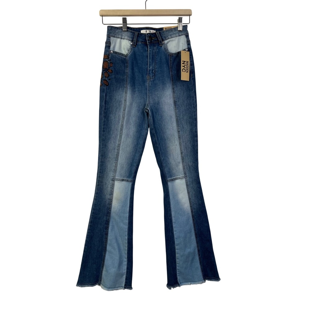 Madden NYC Ultra High Rise Flare Jeans Boho Size 3 DTWD Patchwork Denim‎